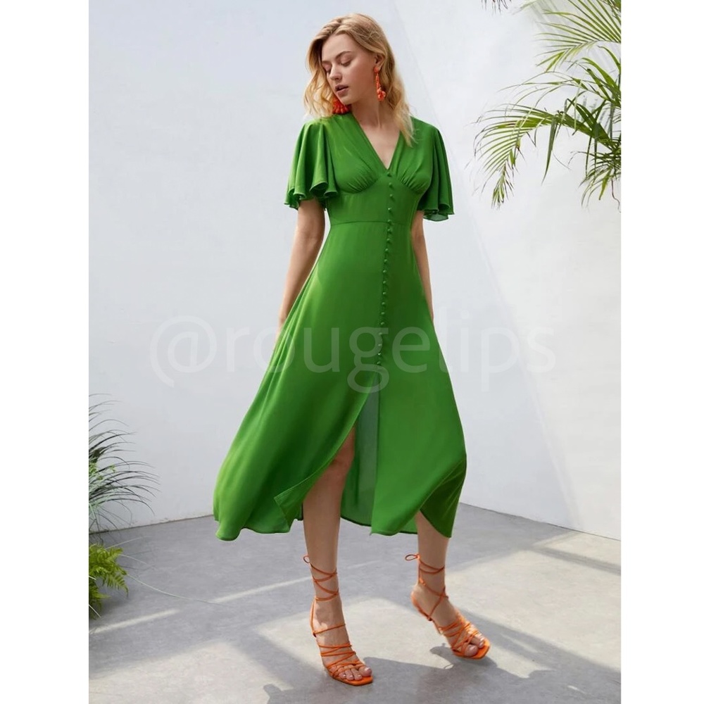 Green V-Neck Midi Dress Fit and Flare Butterfly Sleeve Faux Button Front - Picture 3 of 9